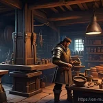 뮤 모나크 장비 제작 방법 - **Prompt:** A bustling, well-organized medieval fantasy blacksmith's workshop, seen from a slightly ...