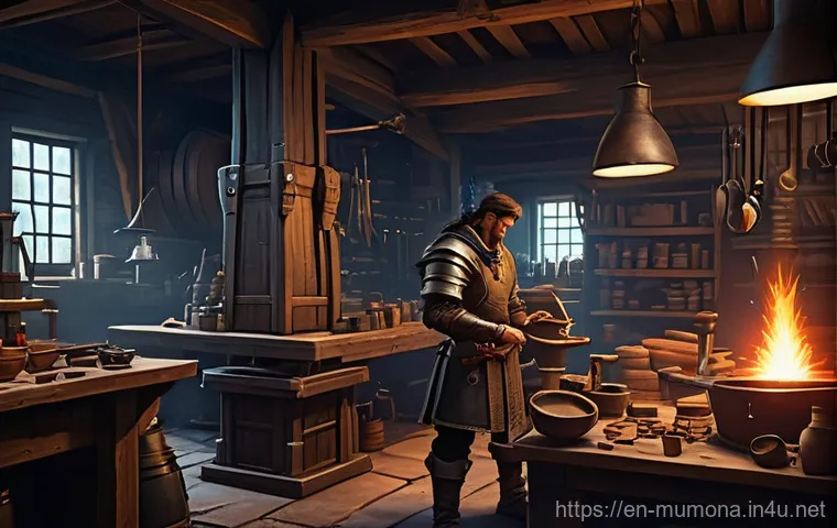 뮤 모나크 장비 제작 방법 - **Prompt:** A bustling, well-organized medieval fantasy blacksmith's workshop, seen from a slightly ...