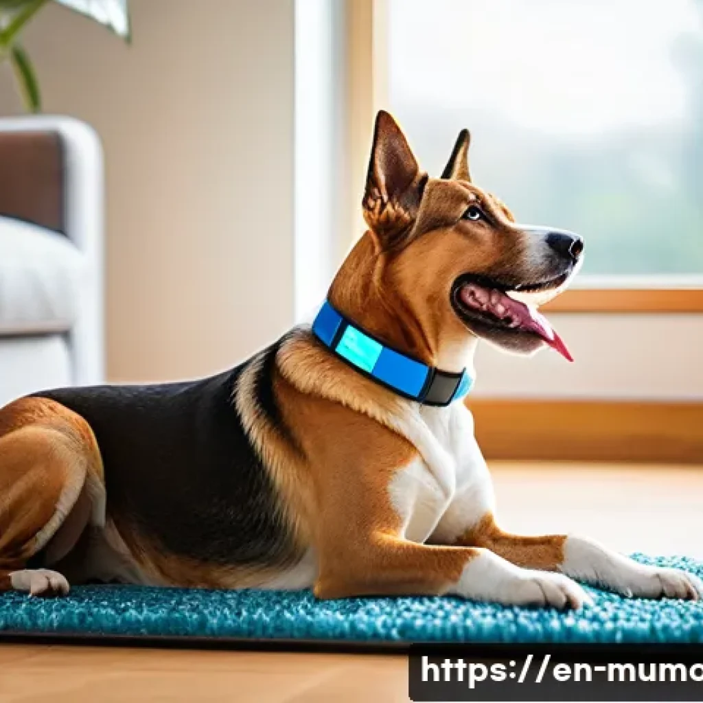 뮤 모나크 펫 시스템 - A cozy modern living room scene featuring a happy adult dog wearing a smart activity tracker collar,...