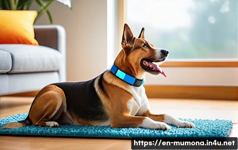 뮤 모나크 펫 시스템 - A cozy modern living room scene featuring a happy adult dog wearing a smart activity tracker collar,...