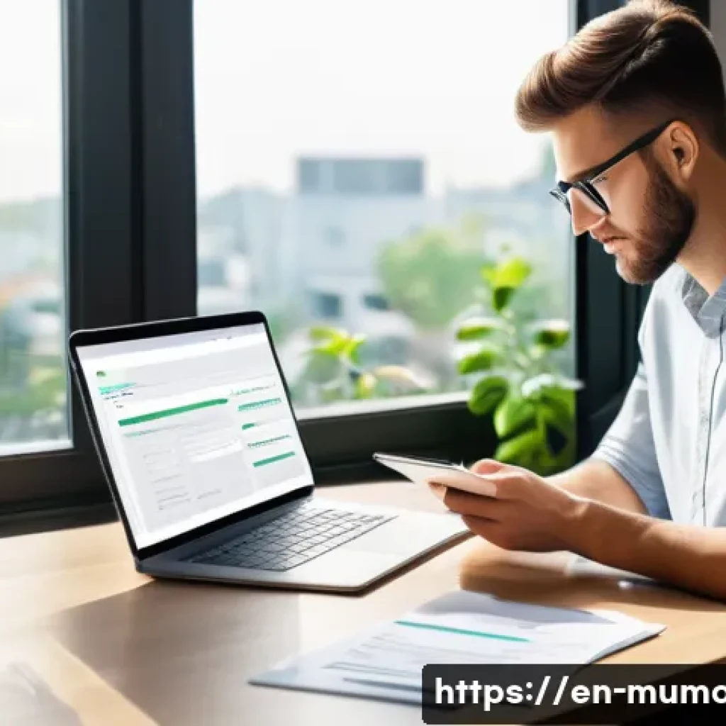 뮤 모나크 유료 서비스 환불 정책 - A modern digital workspace scene showing a young professional carefully reviewing a refund request f...