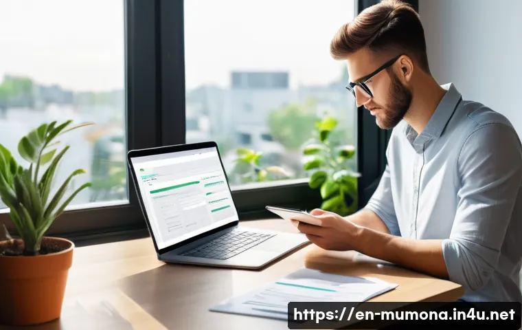 뮤 모나크 유료 서비스 환불 정책 - A modern digital workspace scene showing a young professional carefully reviewing a refund request f...