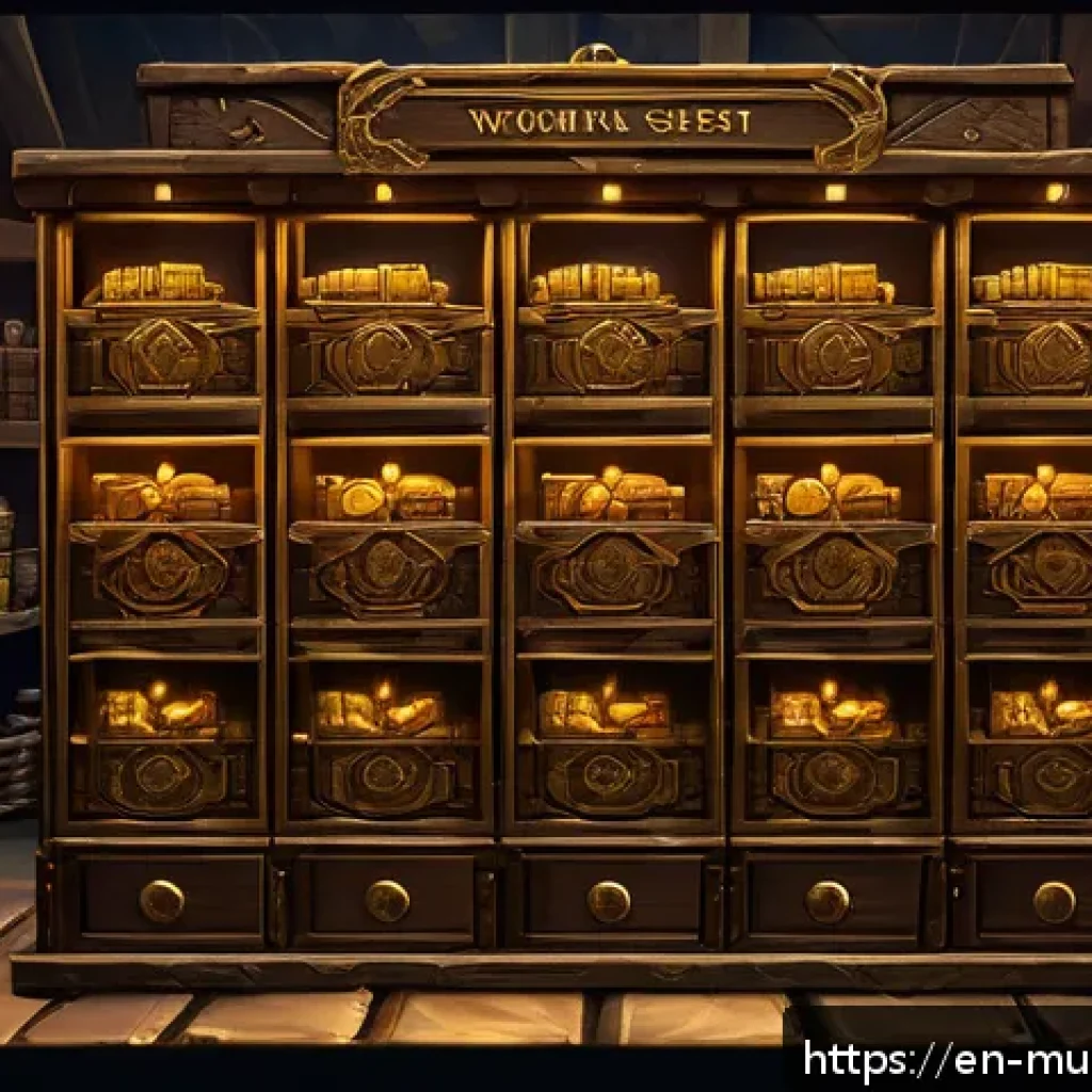 뮤 모나크 캐릭터 보관 슬롯 - A detailed fantasy RPG inventory screen showcasing an open storage chest filled with various categor...