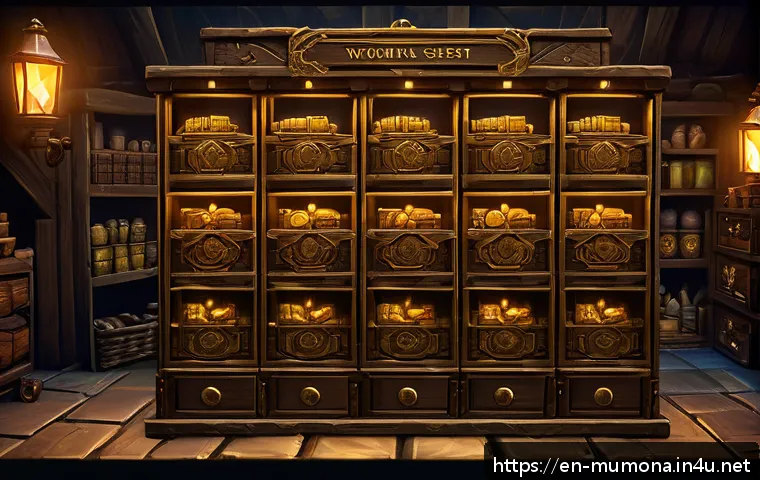 뮤 모나크 캐릭터 보관 슬롯 - A detailed fantasy RPG inventory screen showcasing an open storage chest filled with various categor...