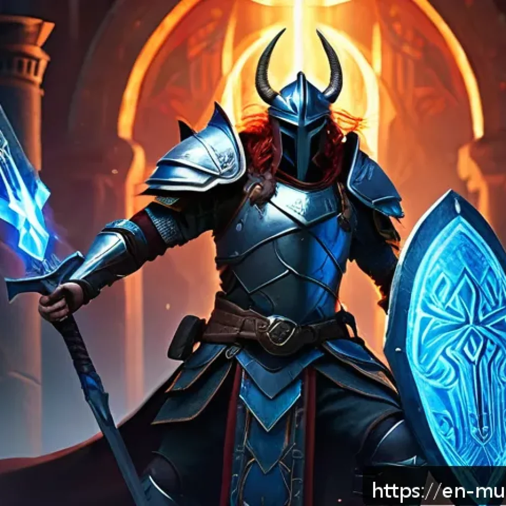 뮤 모나크 룬 시스템 이해하기 - A dynamic fantasy warrior character in detailed armor, strategically placing glowing runes on a swor...