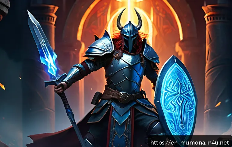 뮤 모나크 룬 시스템 이해하기 - A dynamic fantasy warrior character in detailed armor, strategically placing glowing runes on a swor...