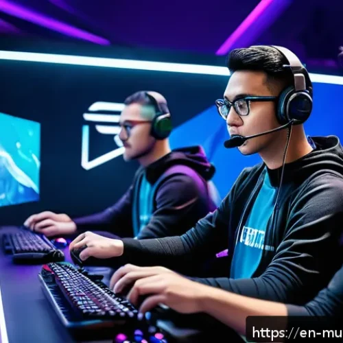 뮤 모나크 유저 랭킹 시스템 - A dynamic esports arena scene showing a diverse team of five gamers in modern casual attire, strateg...