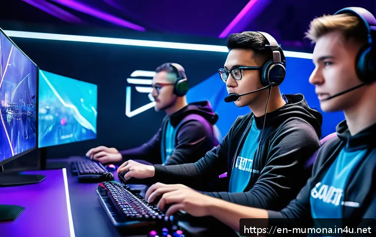 뮤 모나크 유저 랭킹 시스템 - A dynamic esports arena scene showing a diverse team of five gamers in modern casual attire, strateg...