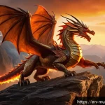 뮤 모나크 탈것 종류와 능력 - A majestic Flamewing Dragon soaring through a fiery sky, its scales glowing with embers and flames t...