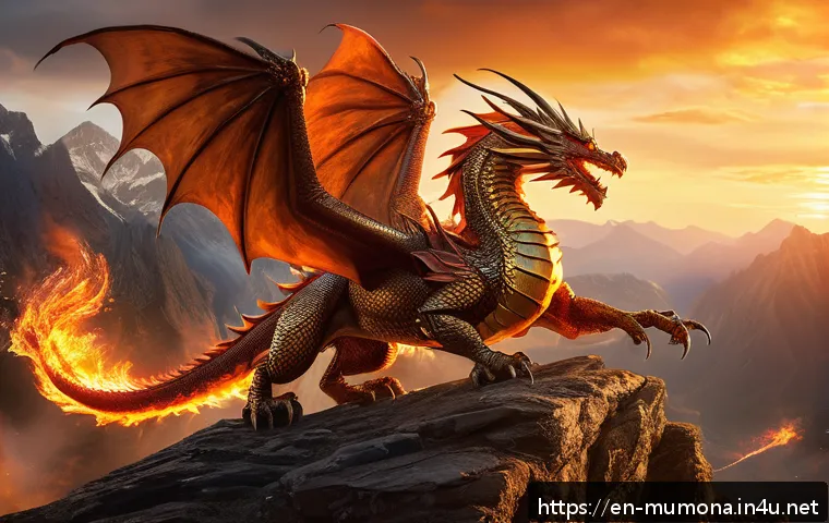뮤 모나크 탈것 종류와 능력 - A majestic Flamewing Dragon soaring through a fiery sky, its scales glowing with embers and flames t...