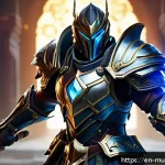 뮤 모나크 상점 아이템 추천 - A dynamic fantasy RPG character in mid-battle stance, wearing intricately designed armor with glowin...