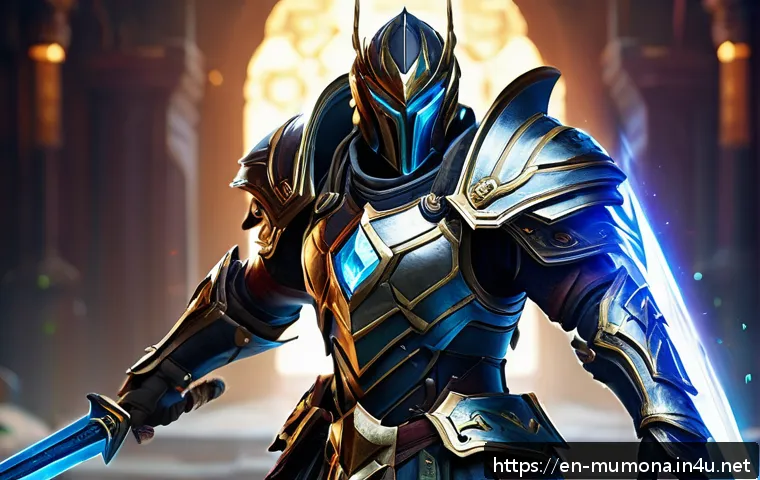 뮤 모나크 상점 아이템 추천 - A dynamic fantasy RPG character in mid-battle stance, wearing intricately designed armor with glowin...