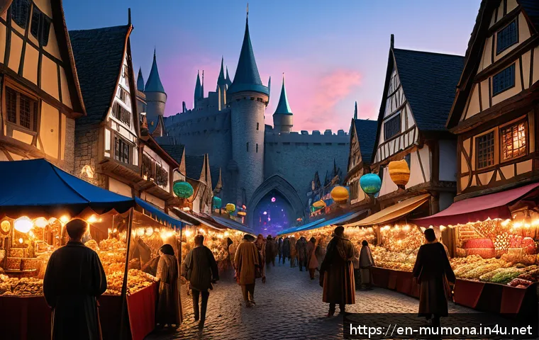 뮤 모나크 희귀 재료 거래 팁 - A detailed fantasy marketplace scene at dusk in a bustling medieval town square, featuring stalls ov...