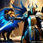 뮤 모나크 전설 펫 획득법 - A majestic Legendary Mu Monarch Pet standing proudly beside a warrior character in detailed fantasy ...