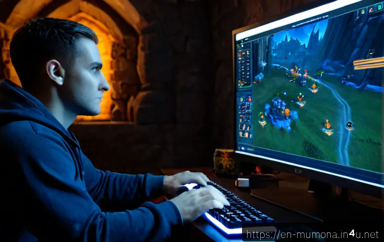 뮤 모나크 레이드 공략 - Photorealistic over-the-shoulder view of an adult gamer preparing for a challenging fantasy raid, fo...