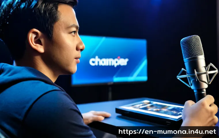뮤 모나크 랭커 인터뷰 - Photorealistic esports-style interview scene, confident adult mobile strategy game champion seated i...