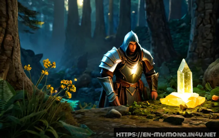 Home 17 뮤 모나크 재료 아이템 파밍법 - Photorealistic fantasy MMORPG material farming scene, armored adventurer collecting glowing ore crys...